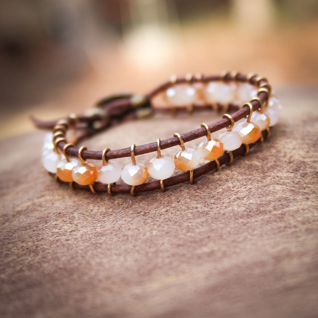 Beaded Leather Bracelet: Amber and Brass
