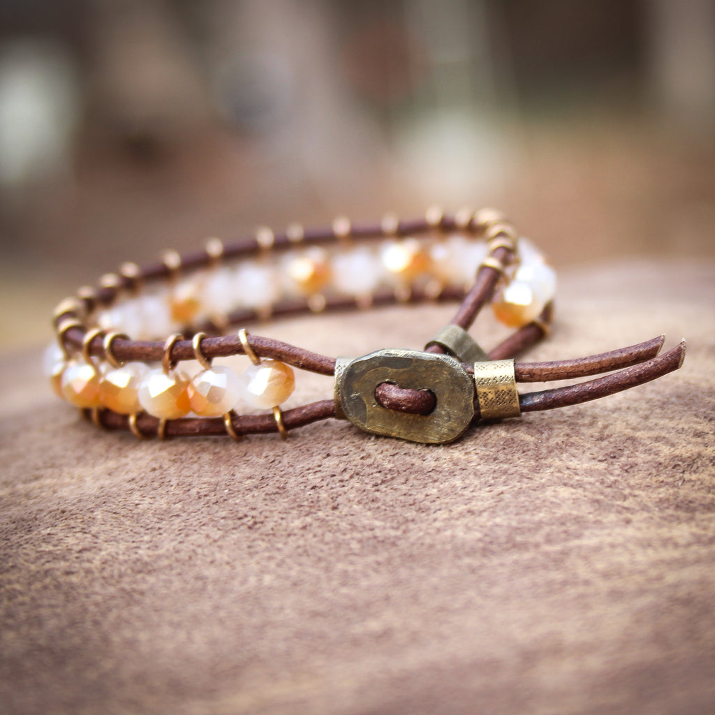 Beaded Leather Bracelet: Amber and Brass