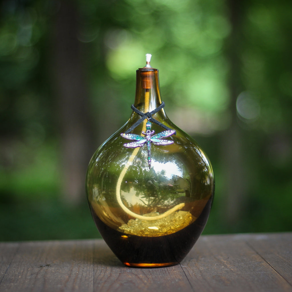 Amber Art Glass Oil Lamp With Dragonfly