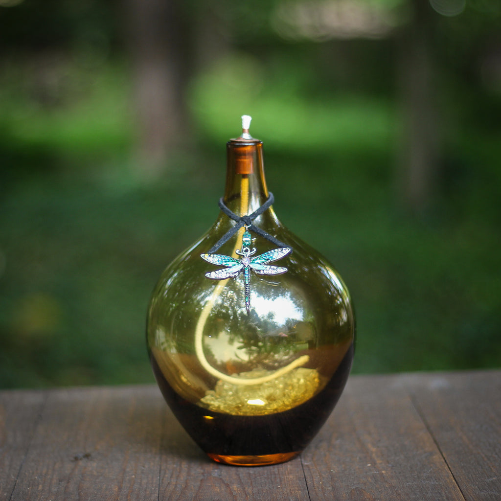 Amber Art Glass Oil Lamp With Dragonfly