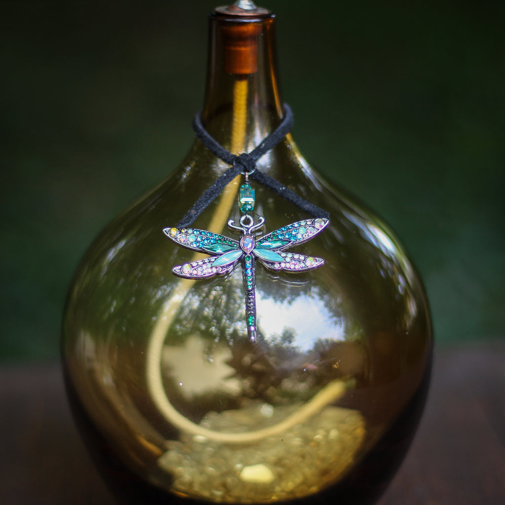 Amber Art Glass Oil Lamp With Dragonfly