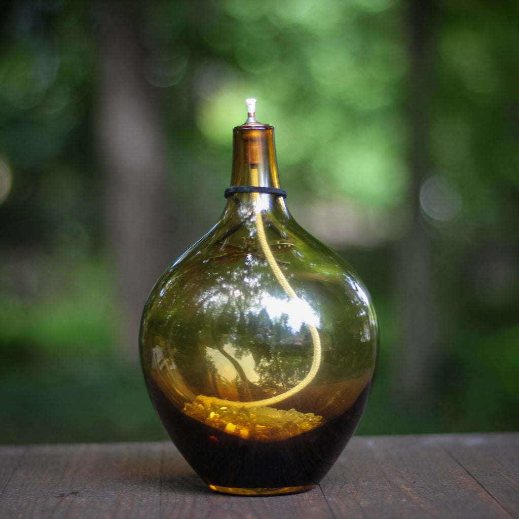 Amber Art Glass Oil Lamp With Dragonfly