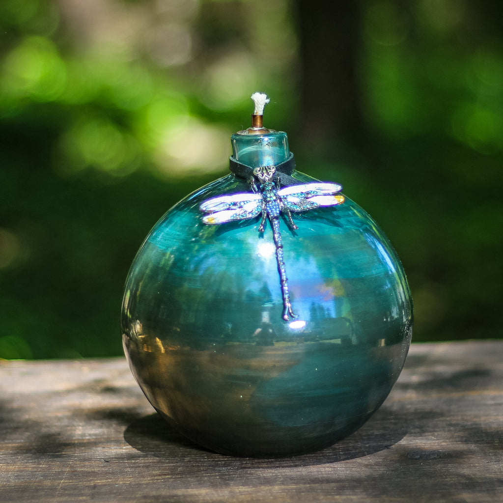 Oil Lamp: Deep Turquoise Art Glass Oil Lamp With Dragonfly