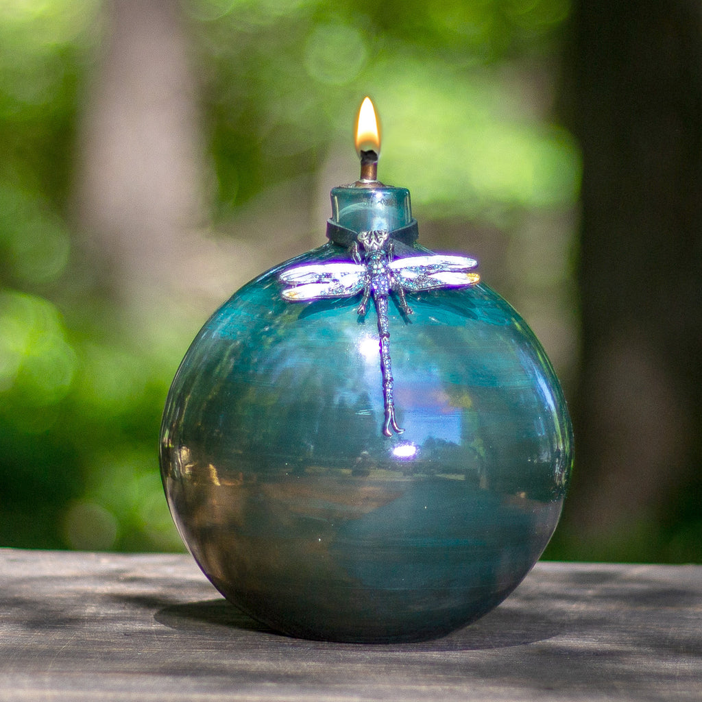Oil Lamp: Deep Turquoise Art Glass Oil Lamp With Dragonfly