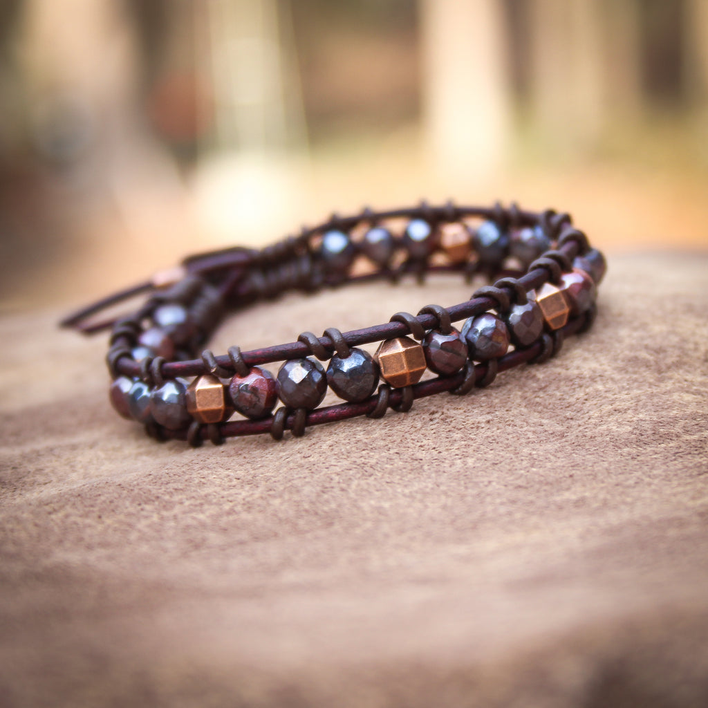 Beaded Leather Bracelet: Burgundy Bliss