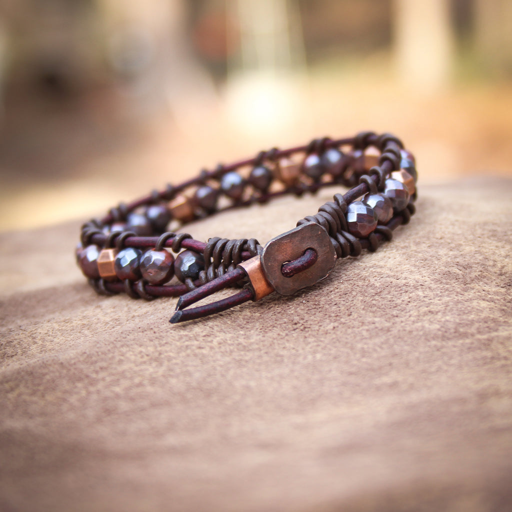 Beaded Leather Bracelet: Burgundy Bliss