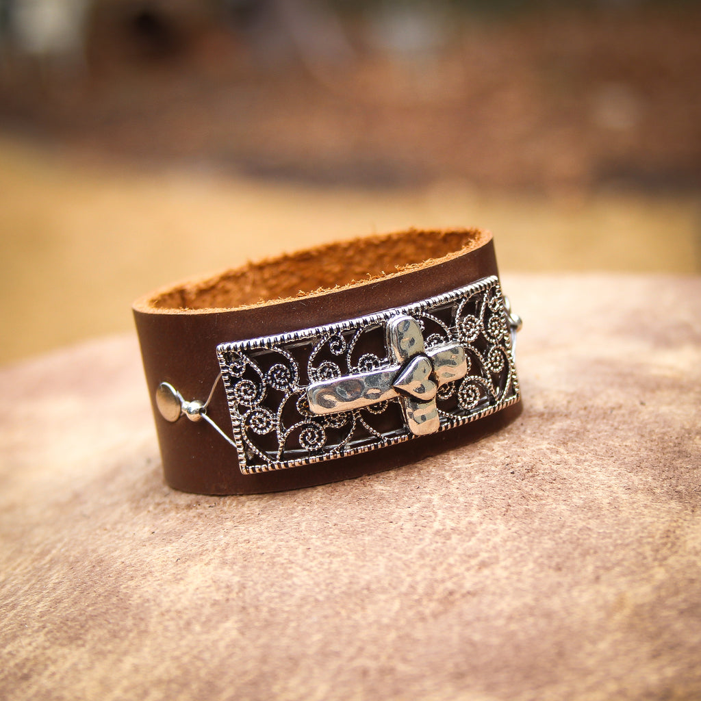 Filigree Cross Leather Bracelet