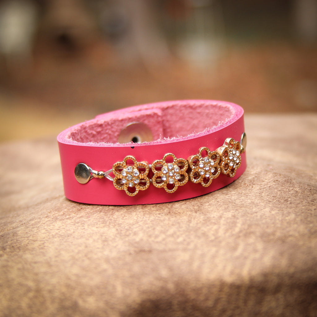 Flowery Pink Leather Bracelet 