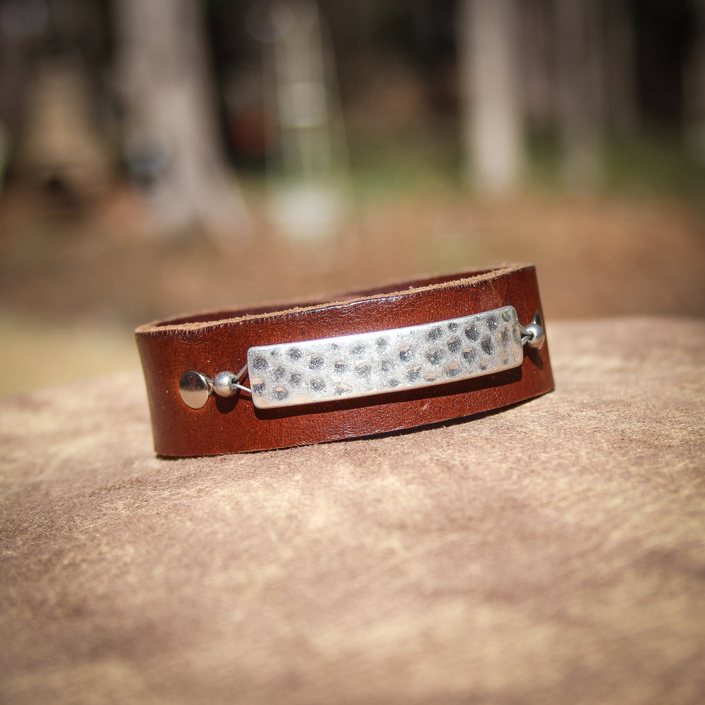 Hammered Silver (Brown) Leather Bracelet