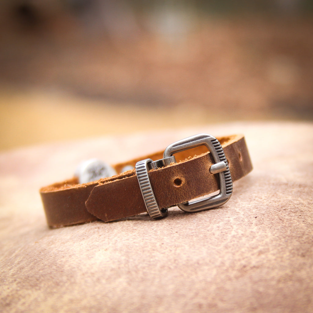 Peace Sign Adjustable Brown Leather Bracelet