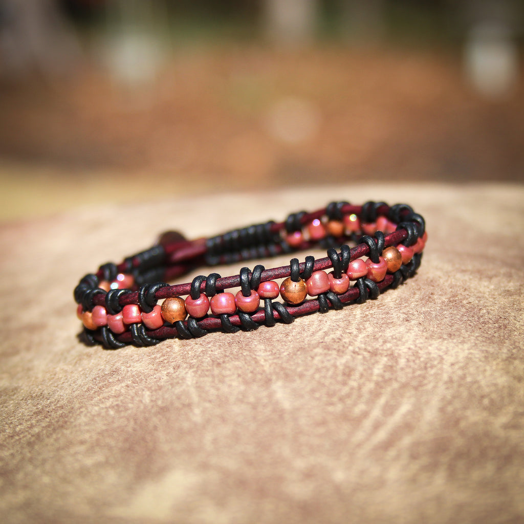 Peach and Copper Leather Bracelet 