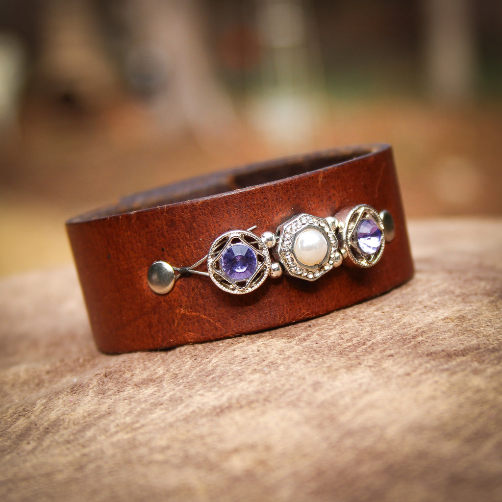 Purple and Pearl Leather Bracelet