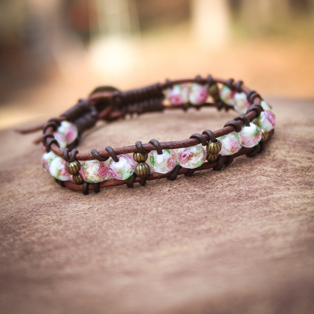 Romantic Rose beaded Leather Bracelet