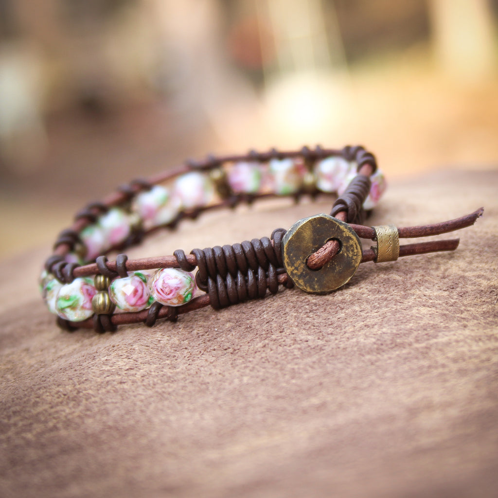 Romantic Rose beaded Leather Bracelet