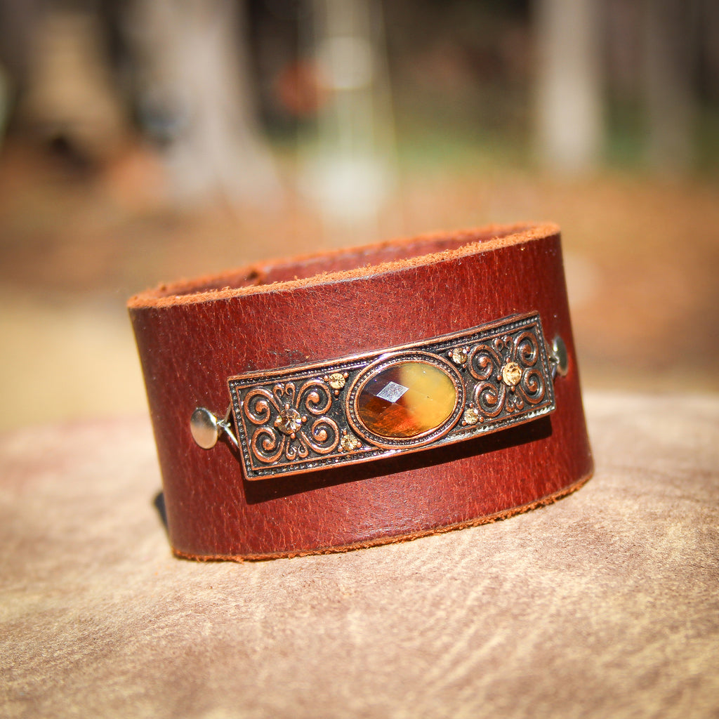 Regal Amber Filigree Leather Bracelet