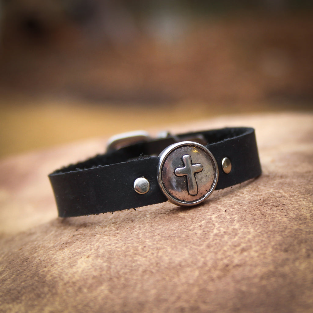 Silver Cross Adjustable Leather Bracelet