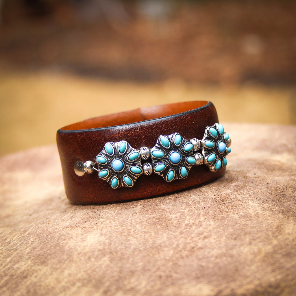 Turquoise Flowers Leather Bracelet