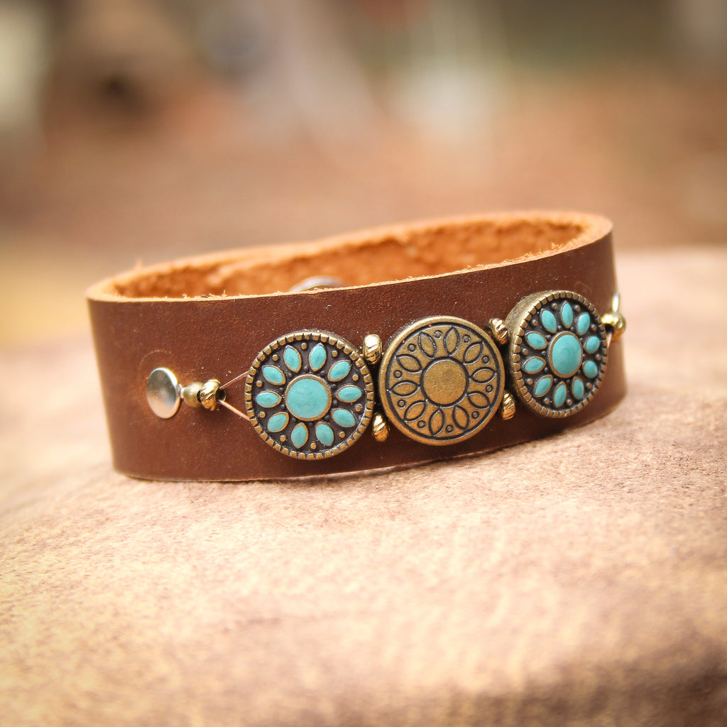 Turquoise and Brass Leather Bracelet