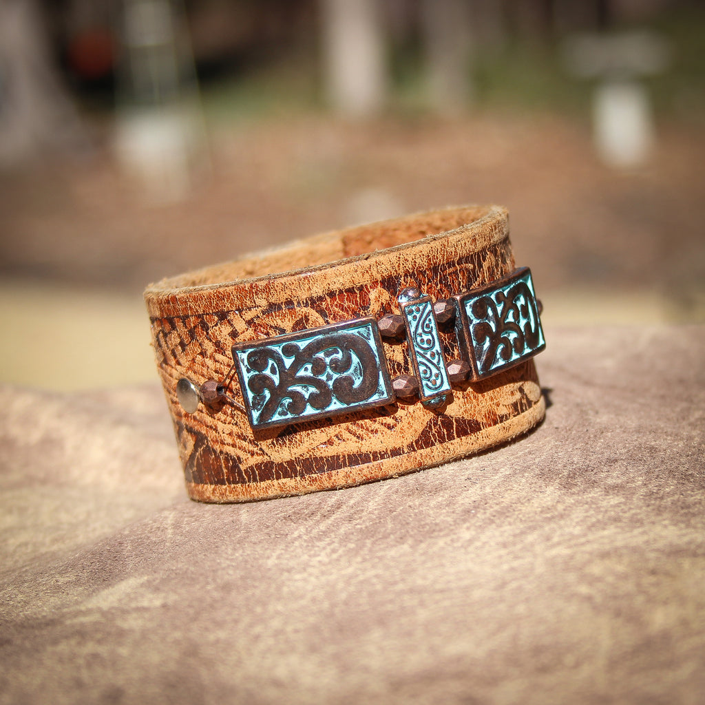 Turquoise and Copper Filigree Leather Bracelet