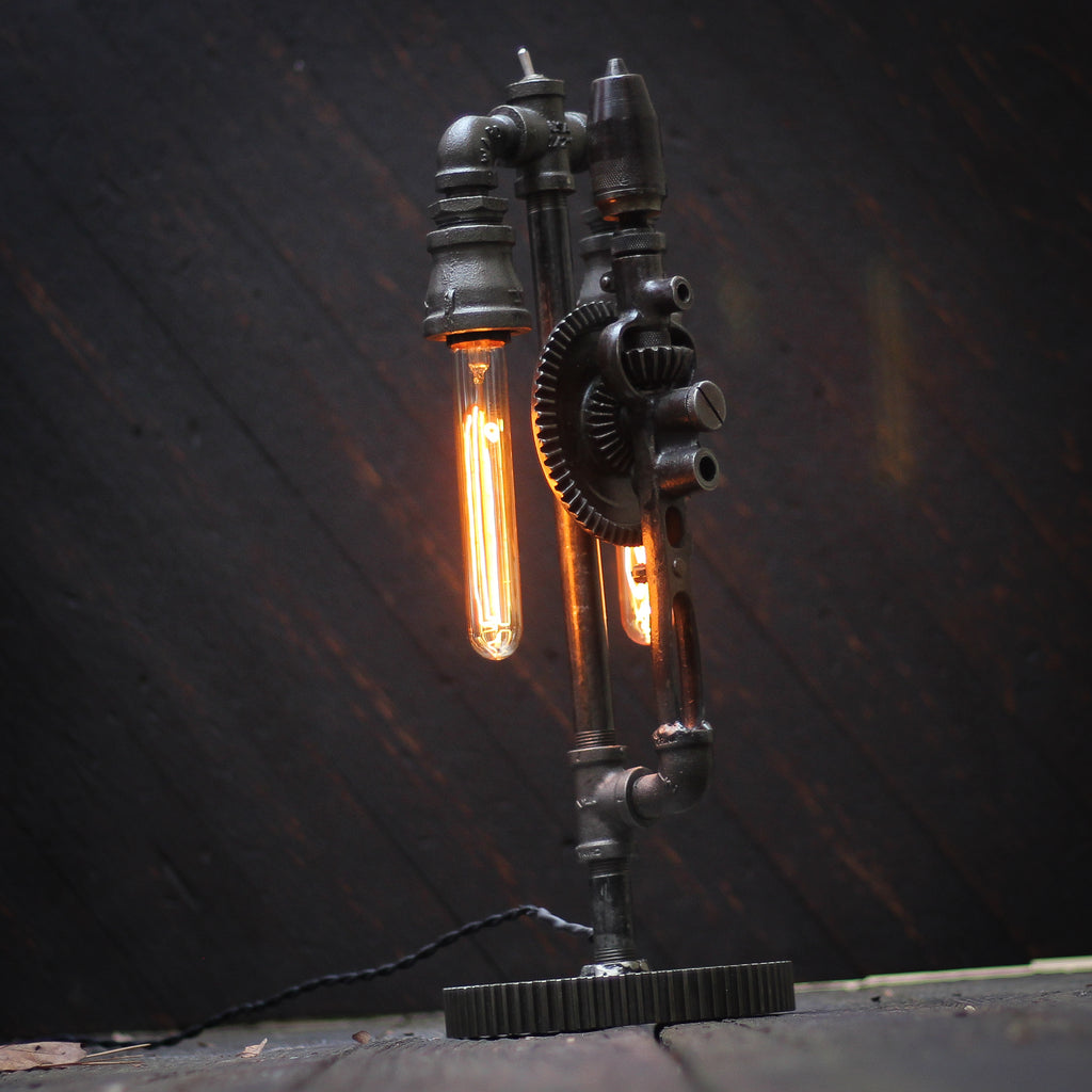Vintage Hand Drill Gas Pipe Lamp