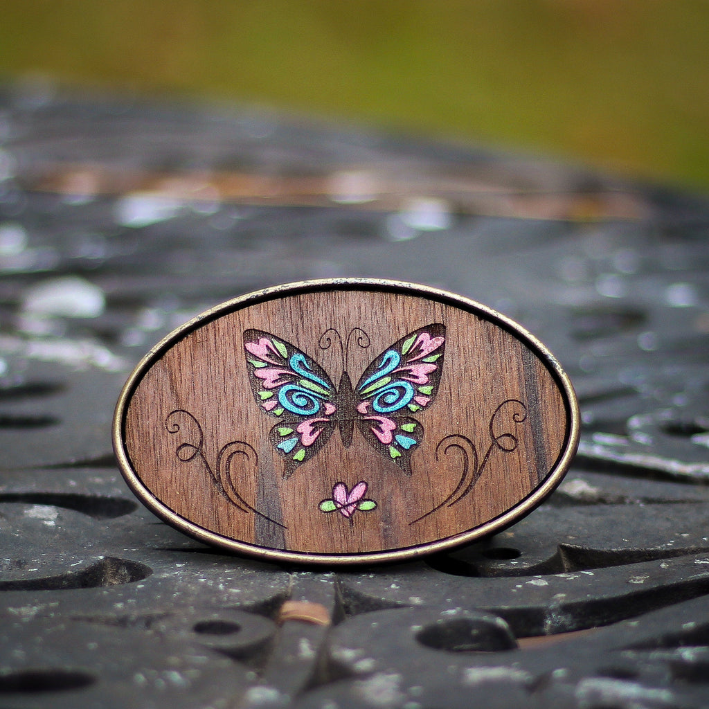 Belt Buckle: Blue Pink and Green Butterfly - VintageAmerica