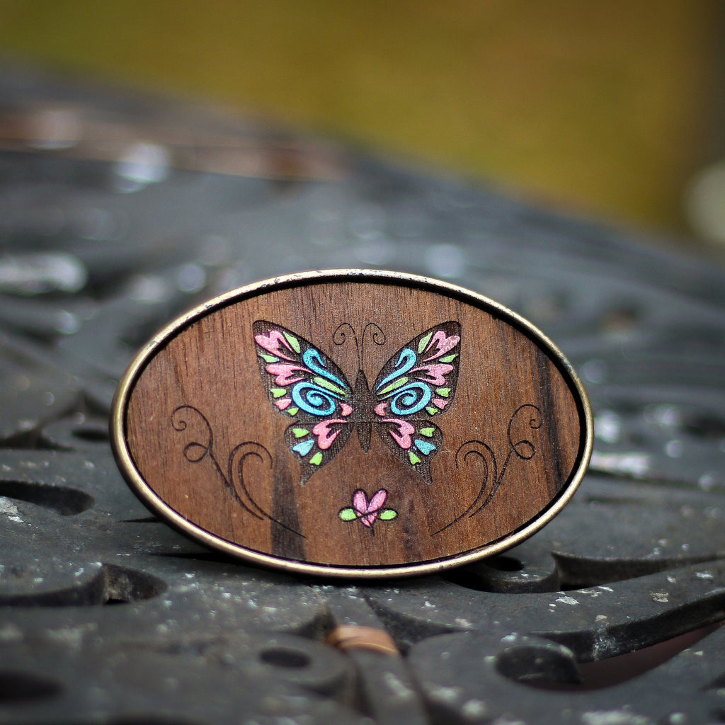 Belt Buckle: Blue Pink and Green Butterfly - VintageAmerica