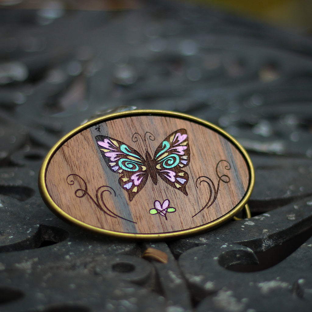 Belt Buckle: Teal, Pink and Purple Butterfly - VintageAmerica