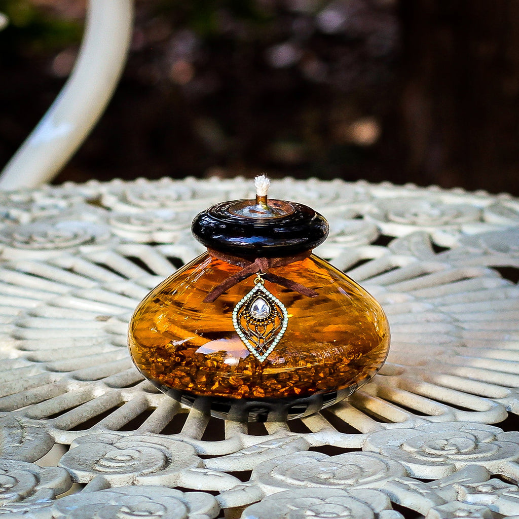Oil Lamp: Fancy Amber Oil Lamp - VintageAmerica