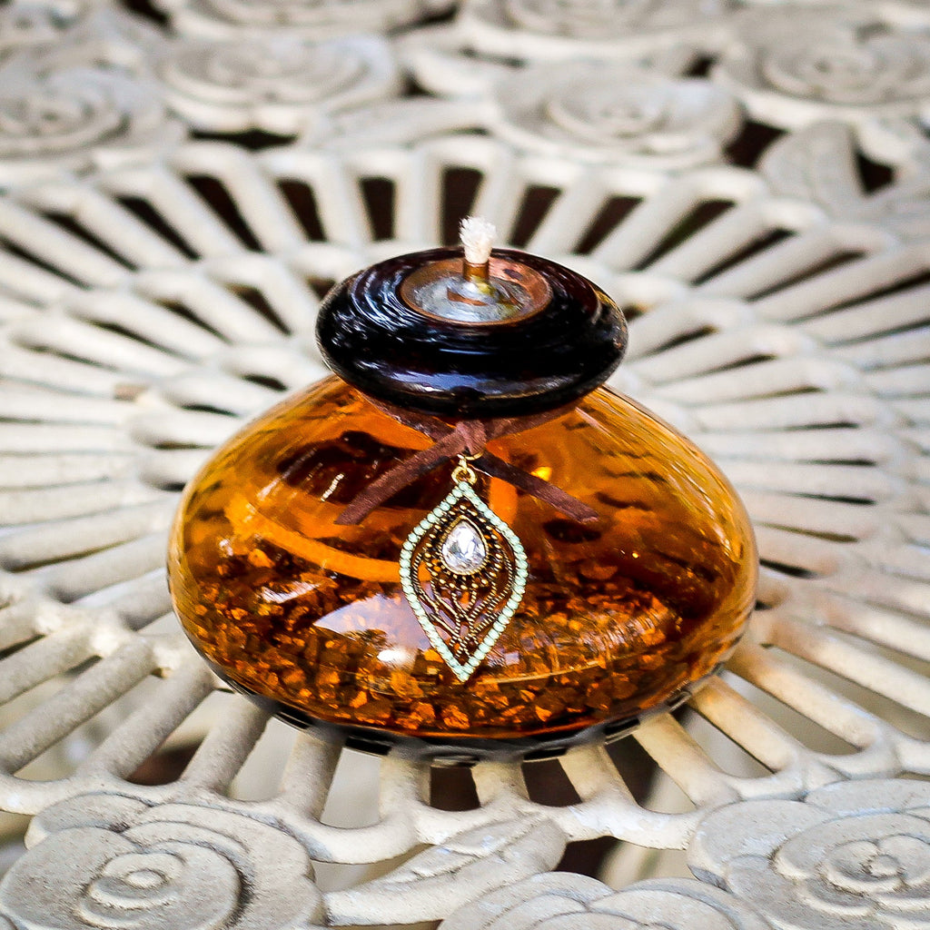Oil Lamp: Fancy Amber Oil Lamp - VintageAmerica