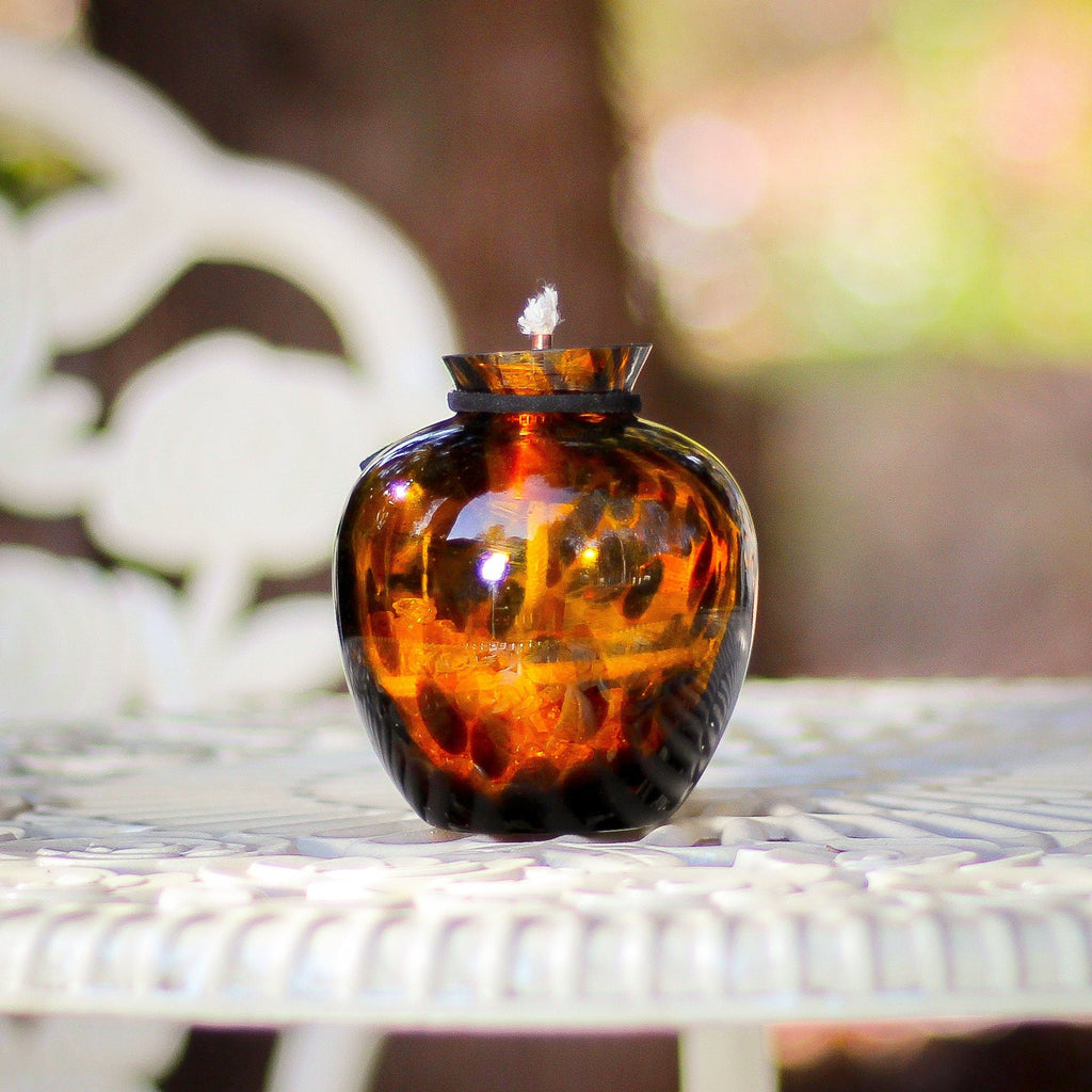 Oil Lamp: Tortoise Shell Art Glass - VintageAmerica