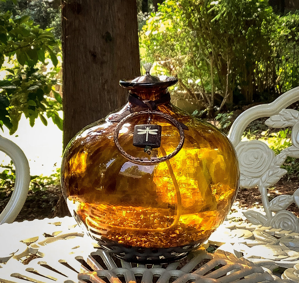 Oil Lamp: Tortoise Shell Oil Lamp With Dragonfly - VintageAmerica