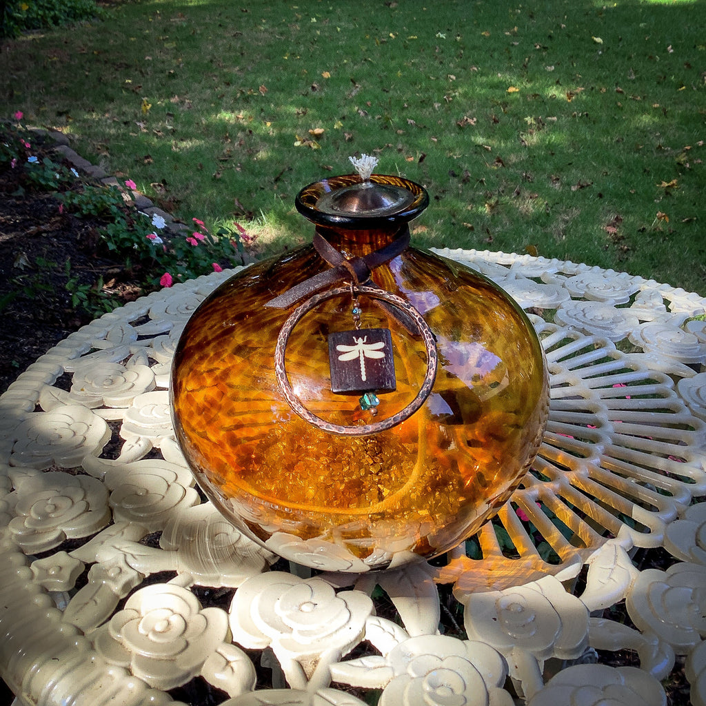 Oil Lamp: Tortoise Shell Oil Lamp With Dragonfly - VintageAmerica