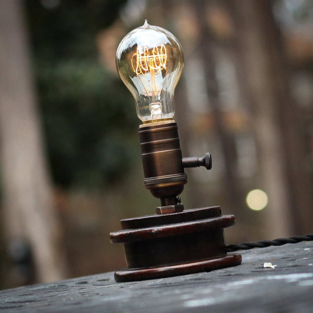 Vintage Edison Desk Lamp: Vintage Wooden Thread Spool - VintageAmerica